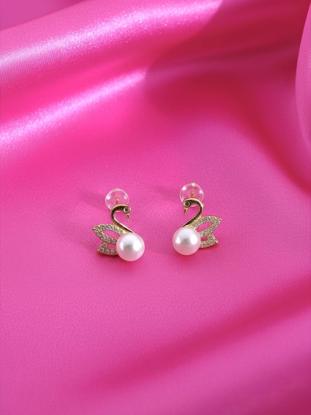S925 Needle - Pearl Swan Stud Earrings in Gold and White -Women Jewelry
